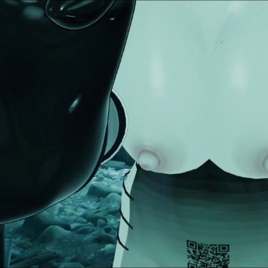 vrchat, sinensian, 1futa, alley, alleyway, areolae, big balls, black hair, breastless clothing, breasts, breasts out of clothes, clothing, cock growth, cum, cum everywhere