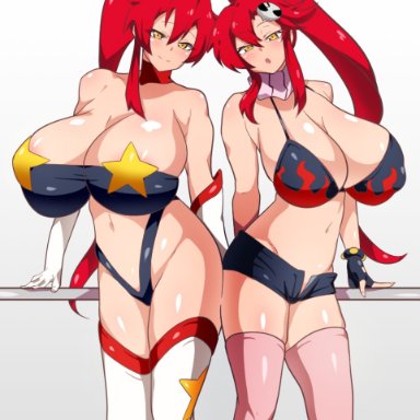 tengen toppa gurren lagann, yoko littner, dd (artist), 2girls, :o, barely contained, bikini top, blush, booty shorts, breast size difference, breasts, cleavage, female, female only, hair ornament