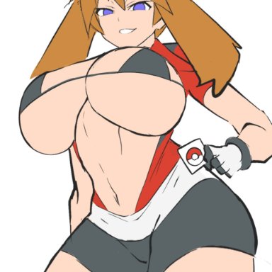 nintendo, pokemon, may (pokemon), dd (artist), bandana, bikini, bikini top, blue eyes, breasts, brown hair, condom, condom wrapper, gloves, huge breasts, looking at viewer