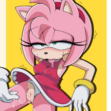 sega, sonic (series), sonic the hedgehog (series), amy rose, senshion, tenshigarden, 1girls, 1other, after fingering, anthro, blush, bodily fluids, breasts, disembodied hand, erect nipples