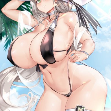 azur lane, aquila (azur lane), tnolize, 1girls, beach, bikini, black bikini, blush, breasts, female, female only, green eyes, hat, highleg bikini, hips