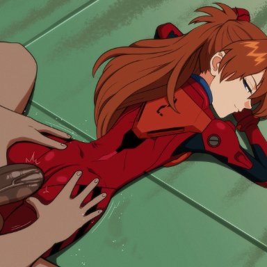 neon genesis evangelion, asuka langley sohryu, pumpkinsinclair, 1boy, 1boy1girl, 1girls, anal, anal sex, background, balls, clothed, clothed sex, cock, dark-skinned male, faceless male