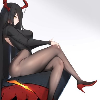 azur lane, friedrich der grosse (azur lane), sonaworld, bare back, black hair, black legwear, breasts, crossed legs, female, from side, grey background, hair over one eye, high-waist pantyhose, high heels, horns