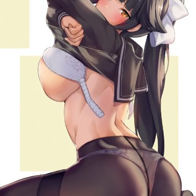 azur lane, takao (azur lane), satou daiji, 1girls, ass, black hair, blush, bra, breasts, feet, feet in stockings, female, female only, kneeling, large ass