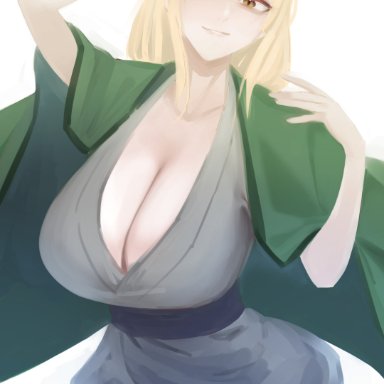 naruto, naruto (series), naruto shippuden, tsunade, big breasts, blonde hair, breasts, breasts bigger than head, brown eyes, center opening, cleavage, female, female only, fully clothed, hourglass figure