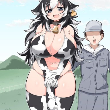 dakkoku jiro, 1boy, 1futa, big breasts, big penis, bikini, black hair, clothed, clothing, cow girl, cow print, duo, elbow gloves, faceless male, fully clothed
