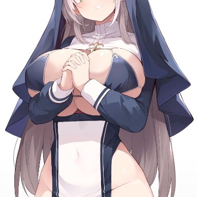 hololive, shirogane noel, mou tama maru, bikini top, cleavage, curvy, female, green eyes, healer, huge breasts, looking at viewer, nun, nun's habit, skimpy clothes, smiling