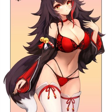 hololive, ookami mio, notte (artist), animal ear fluff, animal ears, bangs, bare shoulders, bell, big breasts, black hair, blush, bra, breasts, busty, choker