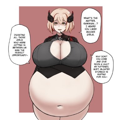 azur lane, roon (azur lane), kainan, after vore, bbw, big belly, big breasts, blonde hair, brown hair, chubby, cleavage, clothed, female, gloves, huge breasts