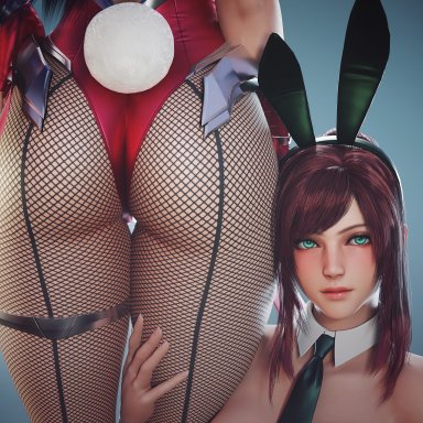 league of legends, battle bunny irelia, irelia xan, primrose, ryanreos, 2girls, aqua eyes, ass, big ass, blue hair, brown hair, bunny ears, bunny girl, bunny tail, bunnysuit