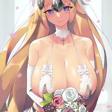 fate/apocrypha, fate/grand order, fate (series), jeanne d'arc (fate), monkey jon, 1girls, blonde hair, blue eyes, blush, bouquet, breasts, cleavage, female, female only, flowers