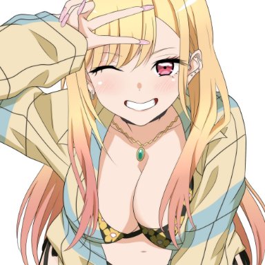 sono bisque doll wa koi wo suru, kitagawa marin, alternate costume, big breasts, blonde hair, bra, breasts, cleavage, female, female only, official alternate costume, red eyes, sisa, smiling at viewer, solo