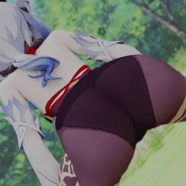 genshin impact, ganyu (genshin impact), kishi, kishi3d, 1girl, ahoge, ass, ass focus, ass shake, bare shoulders, blue hair, bodysuit, detached sleeves, from behind, gloves