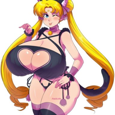 bishoujo senshi sailor moon, sailor moon, usagi tsukino, pinkkoffin, 1girls, big breasts, bikini, blonde hair, blush, breasts, cat keyhole bra, cat keyhole lingerie, cat tail, cleavage, collar