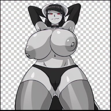 phalia, oblivionfall, armpits, big breasts, choker, long gloves, red eyes, smirk, swaying, swinging breasts, thick thighs, thighhighs, topless, wide hips, animated