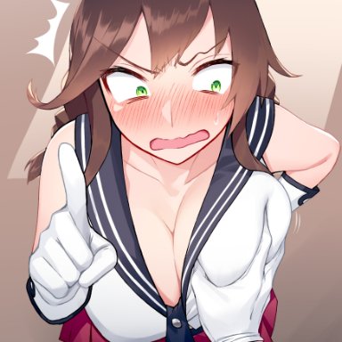 kantai collection, noshiro (kantai collection), blew andwhite, 1boy, 1girls, big breasts, blush, breast grab, breast squeeze, brown hair, comedy, embarrassed, gloves, green eyes, impact (font)