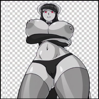 phalia, oblivionfall, armpits, big breasts, choker, long gloves, red eyes, smirk, swaying, swinging breasts, thick thighs, thighhighs, topless, wide hips, animated