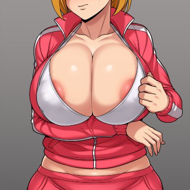 dragon ball, dragon ball super, android 18, jmg, 1girls, :o, blonde hair, blush, breasts, cameltoe, cleavage, female, female only, hips, huge breasts