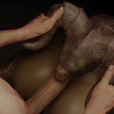 bethesda softworks, fallout, deathclaw, female deathclaw, reptilligator, 1boy1girl, anthro, anthro penetrated, athletic female, big breasts, big penis, bouncing breasts, breasts, deep throat, duo