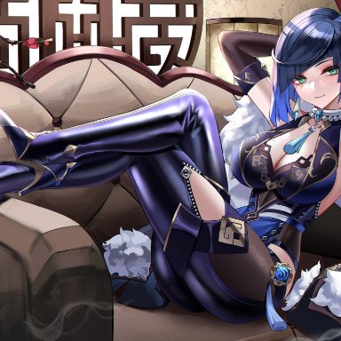 genshin impact, yelan (genshin impact), eternity (shadeh), 1girls, arm behind head, armpits, arms up, bangs, blue dress, blue footwear, blue hair, blunt bangs, breasts, choker, cleavage