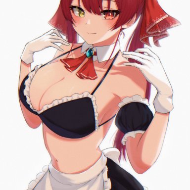 hololive, houshou marine, 1girls, alternate costume, apron, ascot, bangs, bikini, bikini top only, black skirt, blush, breasts, brooch, cleavage, closed mouth