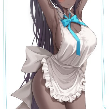 blue archive, karin (blue archive), alternate hairstyle, apron, apron only, aqua bow, aqua bowtie, armpits, arms up, ass, bangs, big ass, big breasts, biya (1024), black footwear