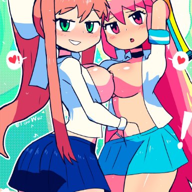 doki doki literature club, gravity falls, giffany, tony welt, 2girls, areolae, arms behind head, big breasts, blush, breast to breast, breasts, brown hair, eye contact, female, female only