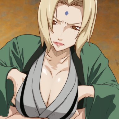 naruto, naruto (series), naruto shippuden, tsunade, kyabakurabakufu, blonde hair, breast squeeze, breasts, brown eyes, cleavage, closed mouth, clothed female nude male, facial mark, female, forehead mark