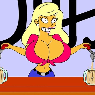 the simpsons, titania (the simpsons), iamsum, beer, beer mug, belly button, big breasts, blonde hair, bouncing breasts, breast jiggle, breasts, breasts bigger than body, breasts bigger than head, earrings, female