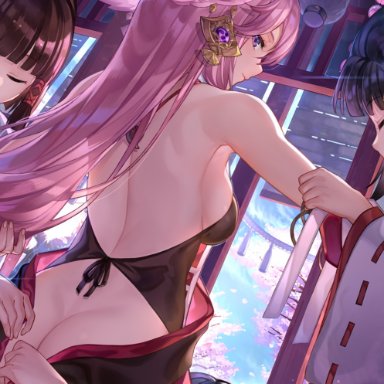 genshin impact, yae miko, 4girls, armpits, ass, back, back view, big ass, breasts, butt crack, closed eyes, dressing, female, female only, fox ears