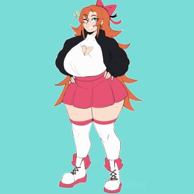 rwby, nora valkyrie, bluueygooey, 1girls, bare thighs, blue eyes, bow, breasts, cleavage, cleavage cutout, curvy, earrings, female, female only, freckles