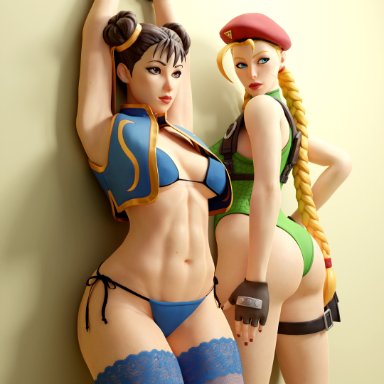 capcom, fortnite, street fighter, cammy white, chun-li, dpmaker, x redeyes, 2girls, against wall, arms up, ass, bikini, blonde hair, blue eyes, braid