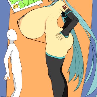 vocaloid, hatsune miku, sinensian, 1boy, alternate breast size, big breasts, bigger female, breasts, busty, faceless male, female, gigantic breasts, huge breasts, large breasts, legwear