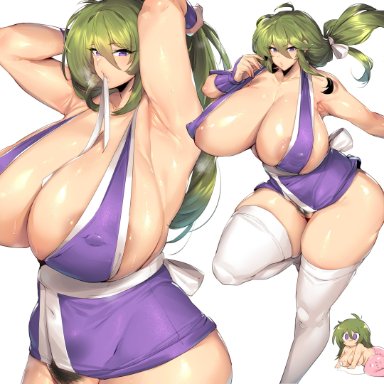 getter robo, ryoma nagare, thirty 8ght, 1girls, armpits, arms up, big ass, big breasts, busty, cleavage, curvaceous, green skin, kunoichi, legwear, long hair