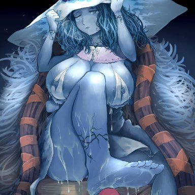 elden ring, fromsoftware, ranni the witch, tonbokiri (artist), 1boy, 1girls, 4 arms, alternate breast size, barefoot, big breasts, blue eyes, blue hair, blue skin, blush, breast hold