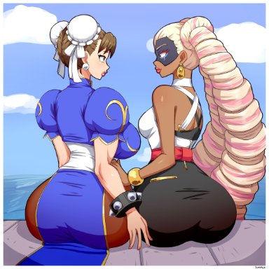 arms (game), street fighter, chun-li, twintelle, simmsy, 2girls, ass, big ass, big breasts, breasts, clothing, female, female only, large breasts, thick thighs