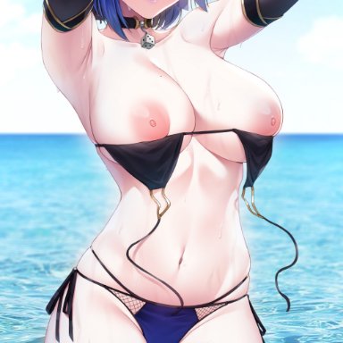 genshin impact, yelan (genshin impact), akchu, 1girls, areolae, armpits, arms behind head, arms up, black hair, blush, breasts, embarrassed, female, female only, green eyes