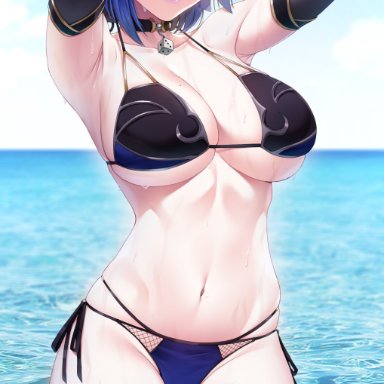 genshin impact, yelan (genshin impact), akchu, 1girls, armpits, arms behind head, arms up, black hair, blush, breasts, female, female only, green eyes, hips, huge breasts