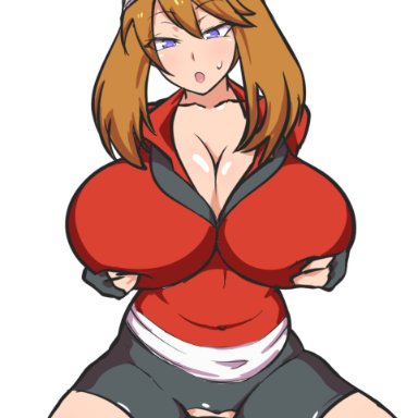 nintendo, pokemon, hypno, may (pokemon), dd (artist), alternate breast size, bandana, blue eyes, breasts, brown hair, cleavage, cowgirl position, femsub, groping self, hat