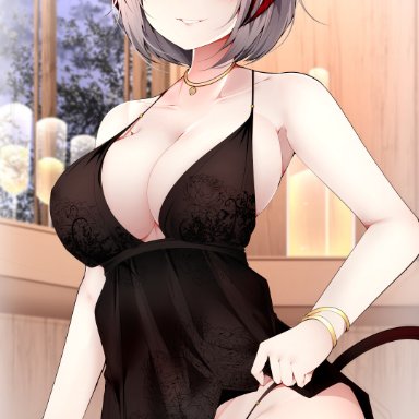 arknights, w (arknights), samip, antenna hair, bangs, bare shoulders, black dress, black panties, blush, bracelets, breasts, cleavage, collarbone, cowboy shot, dress lift