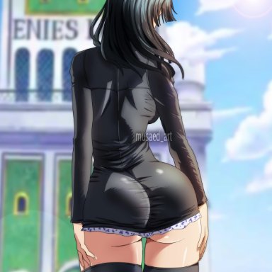 one piece, nico robin, musaed art, 1girls, ass, back view, big ass, big breasts, big butt, black hair, breasts, female, female only, grabbing own ass, legwear