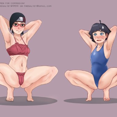 boruto: naruto next generations, naruto, naruto (series), naruto shippuden, sarada uchiha, uzumaki himawari, freshlyet, 2girls, aged up, armpits, black eyes, black hair, blue eyes, blue hair, exposed breasts