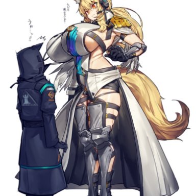 arknights, doctor (arknights), nearl (arknights), melon22, armor, big breasts, blonde hair, curvy, headphones, height difference, high heels, horse ears, horse girl, horse tail, huge breasts