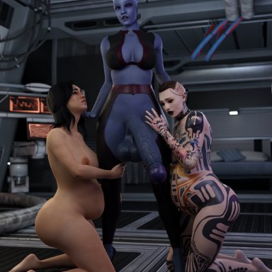 mass effect, asari, jack (mass effect), liara t'soni, miranda lawson, subject zero, banap, 1futa, 2girls, alien, alien girl, asari futanari, big balls, big penis, blue skin