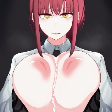 chainsaw man, makima (chainsaw man), abeteru, 1boy, 1girls, areolae, big breasts, braided ponytail, breasts, covered paizuri, cum, cum between breasts, ejaculation, ejaculation between breasts, eye contact