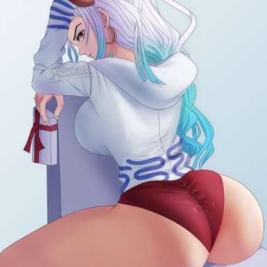 one piece, yamato (one piece), musaed art, 1girls, ass, big ass, big breasts, busty, dat ass, female, female only, horns, long hair, looking back, multicolored hair