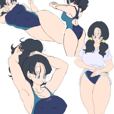 dragon ball, dragon ball z, videl, hazama null, armpits, arms up, ass, black hair, blue eyes, breasts, cleavage, clothes lift, competition swimsuit, covered erect nipples, covered navel