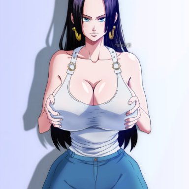 one piece, boa hancock, musaed art, 1girls, big breasts, blue eyes, breasts, eye contact, female, female focus, huge breasts, jeans, looking at viewer, solo, standing