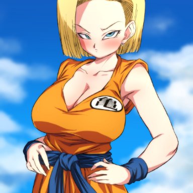 dragon ball, dragon ball super, dragon ball z, android 18, rom, belt, big breasts, blonde hair, blue eyes, blush, blushing, cleavage, deep cleavage, earrings, gi