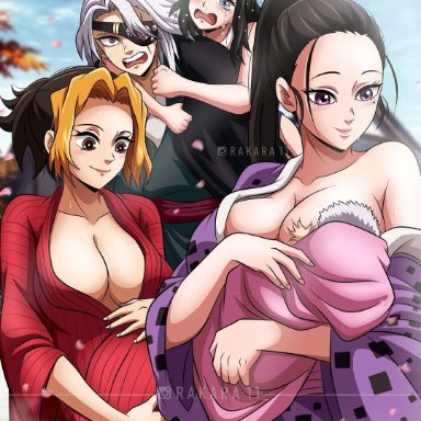 demon slayer, kimetsu no yaiba, hinatsuru (kimetsu no yaiba), makio (kimetsu no yaiba), suma (kimetsu no yaiba), uzui tengen, rakara11, 1boy, 3girls, big breasts, black hair, blush, breastfeeding, canon couple, cleavage